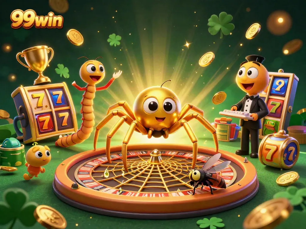 Experience thrills at 99win with a vibrant casino scene featuring a roulette wheel and energetic characters.