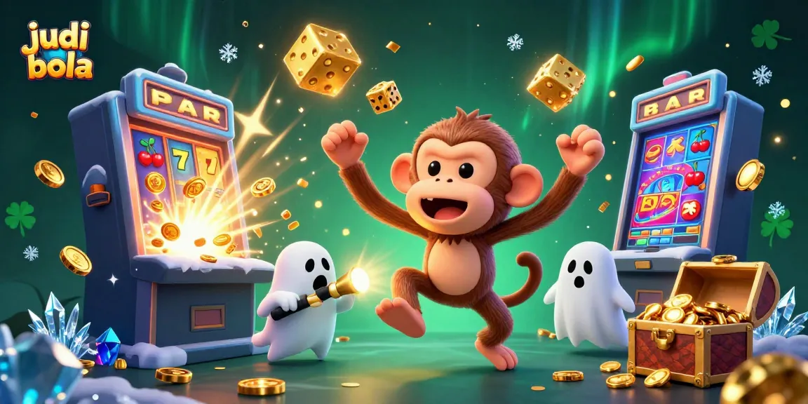 Engage in judi bola excitement with a mischievous monkey juggling golden items in a haunted casino.