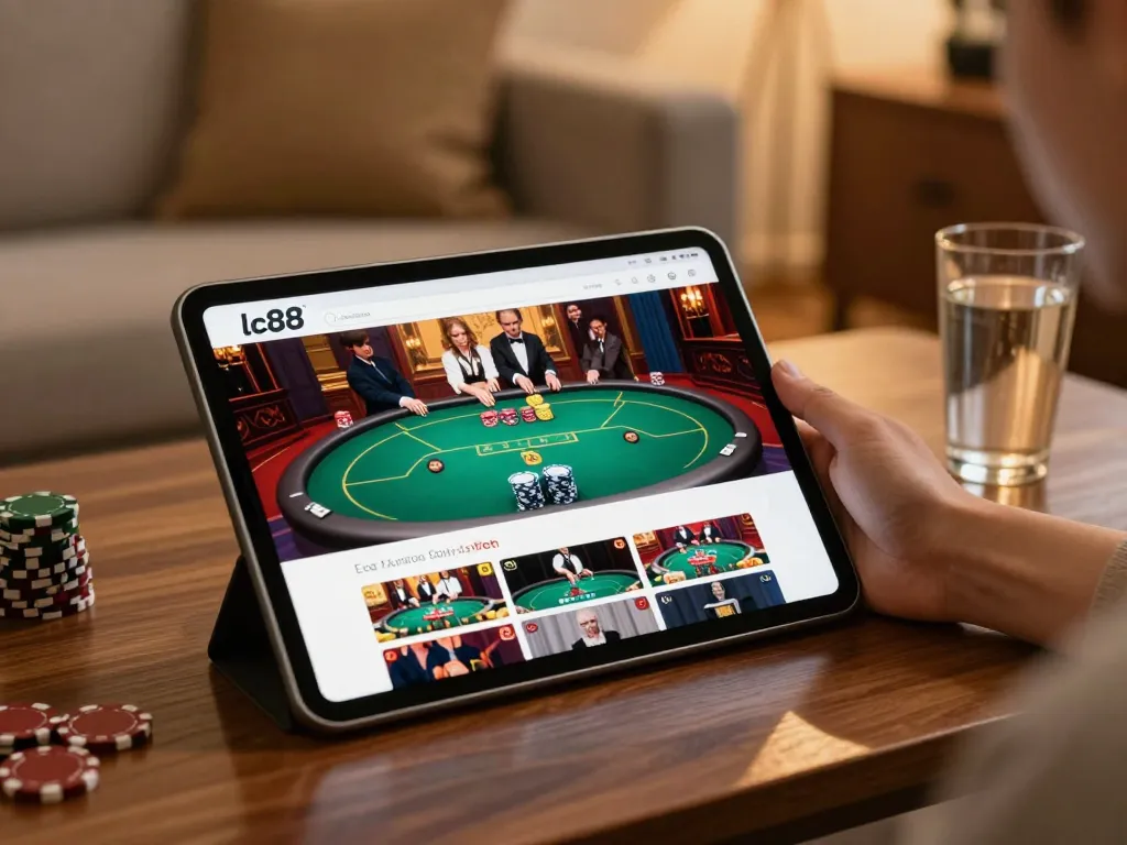 Play poker on lc88 mobile app in a cozy home setting with atmospheric lighting.