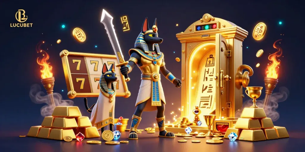LUCUBET features a vibrant scene with Anubis and Bastet surrounded by golden treasures and slot elements.