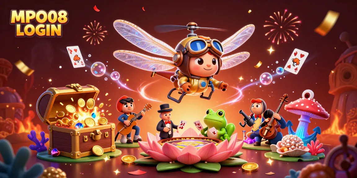 Experience big wins with MPO08 LOGIN as playful characters deal thrilling cards in a vibrant casino scene.