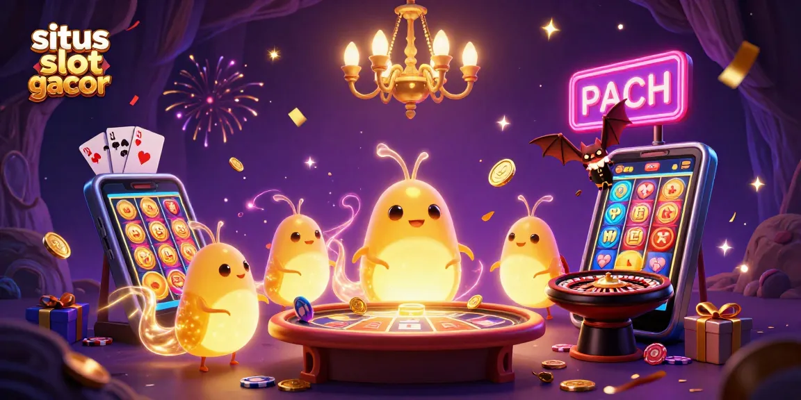 A captivating illustration of situs slot gacor with glowworms lighting a casino scene, featuring vibrant game elements and a bat dealer.