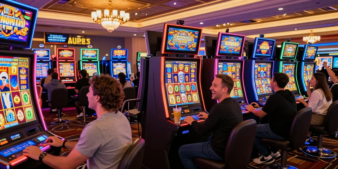 Slot Gacor: Pemain bahagia merayakan kemenangan di mesin slot dengan suasana kasino yang meriah.