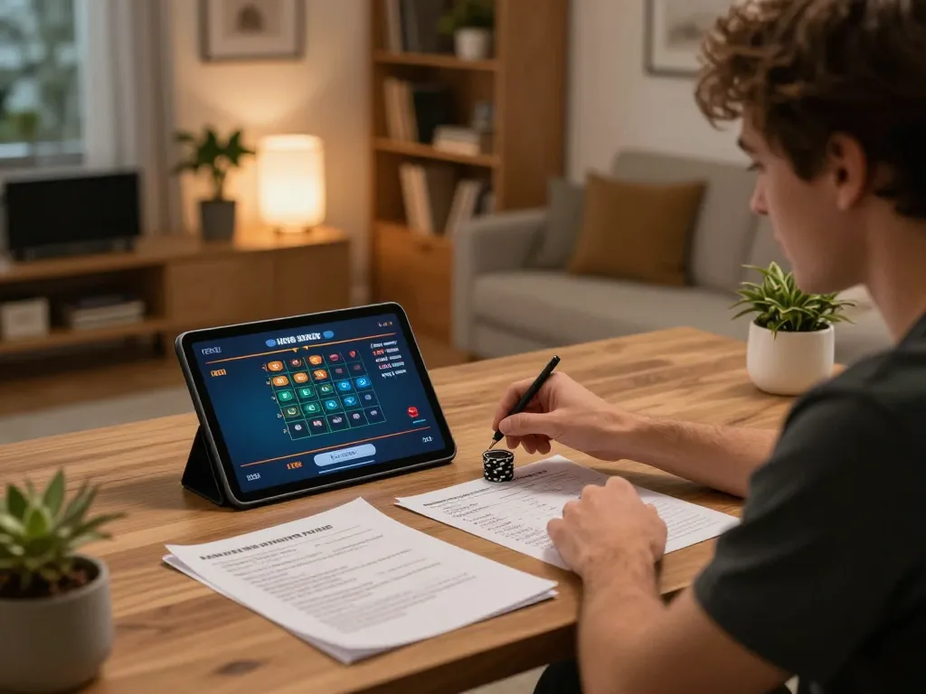Player strategizing on IDC88 JOKER poker at home, with tablet displaying game interface and strategic notes.