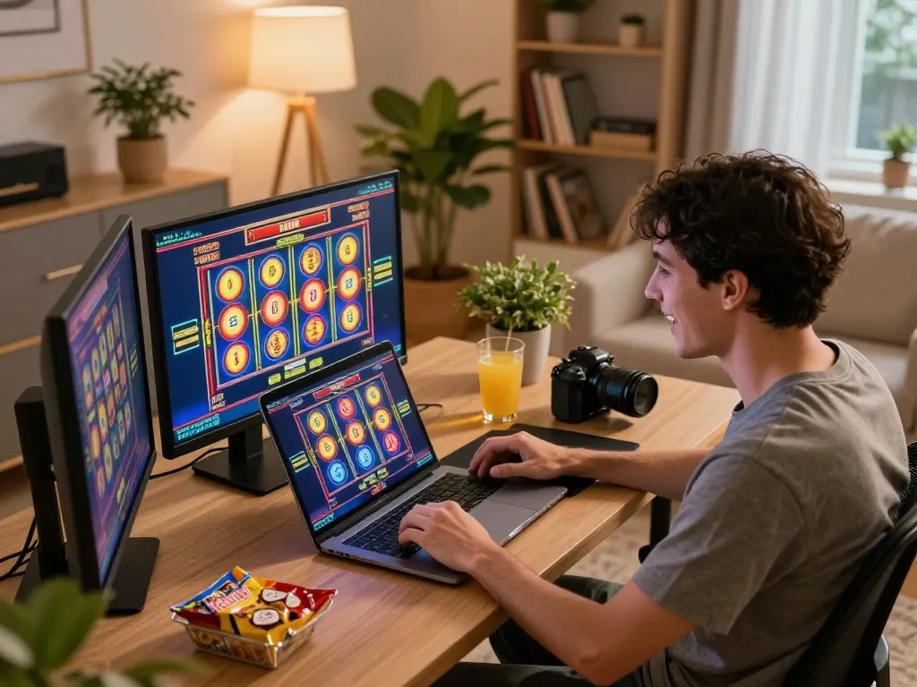 Sesi permainan online yang menarik dengan gulungan slot m88 terlihat, menampilkan seorang pemain di rumah menciptakan suasana permainan yang meriah