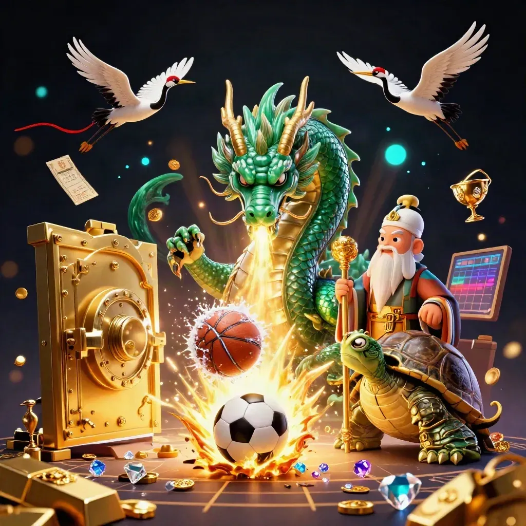 Naga jade, kura bijak, dua bangau, bola basket dan bola sepak, peti emas terbuka.
