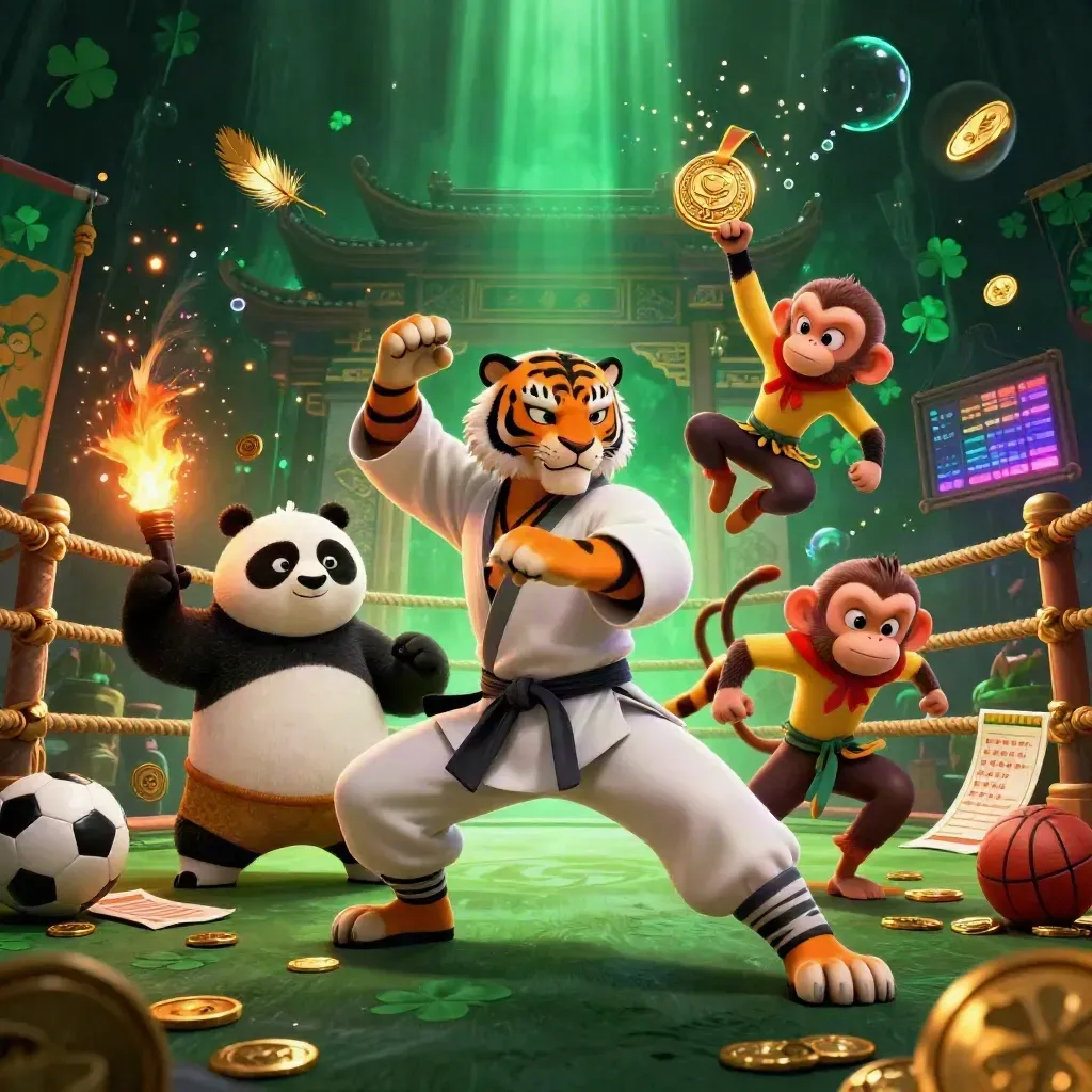 Tiger, panda, dan monyet kung-fu di arena emas-emerald, dengan bola dan koin berhamburan.