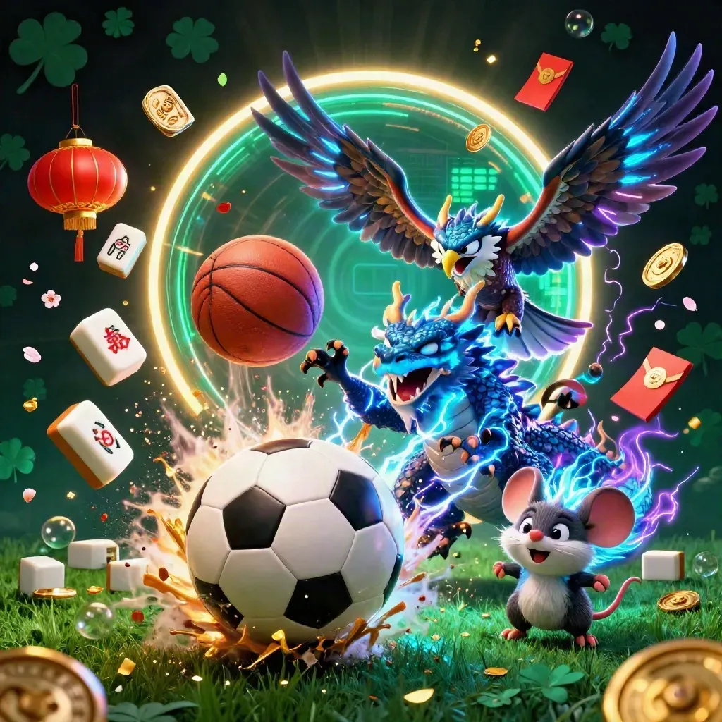 Naga petir, elang, dan tikus kecil di tengah bola sepak, bola basket, koin, dan lentera emas.