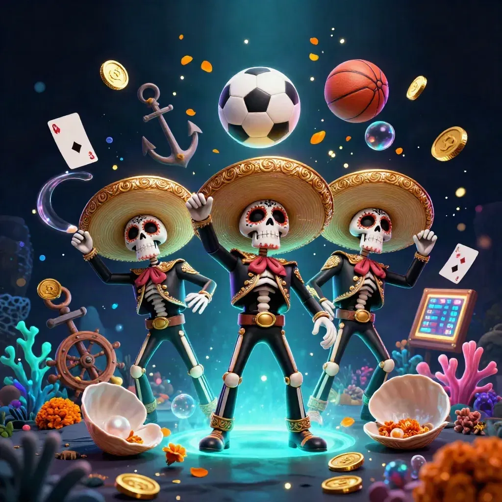 Tiga skeleton mariachi di cove harta, bola sepak dan basket melayang, cahaya emas-neon