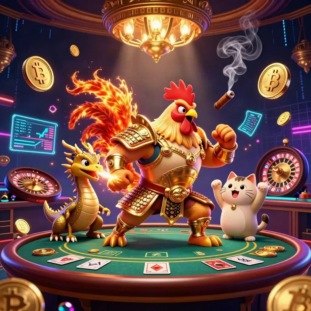 Ayam samurai emas, bayi naga, dan kucing hoki di meja kasino mewah dengan koin, petir, dan cahaya neon.