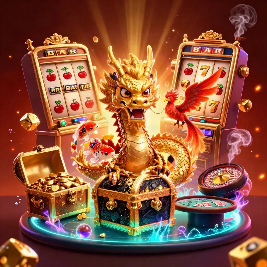 Naga emas 3D, phoenix dan koi di kasino mewah dengan slot, kartu, dan cahaya neon.