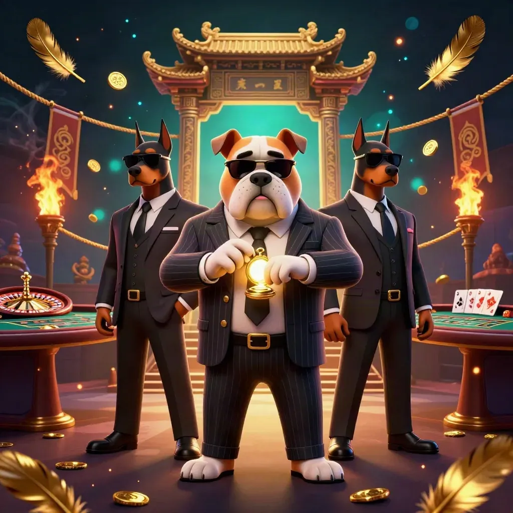 Bulldog bos mafia dan dua Doberman di ruang kasino mewah dengan cahaya emas dan asap