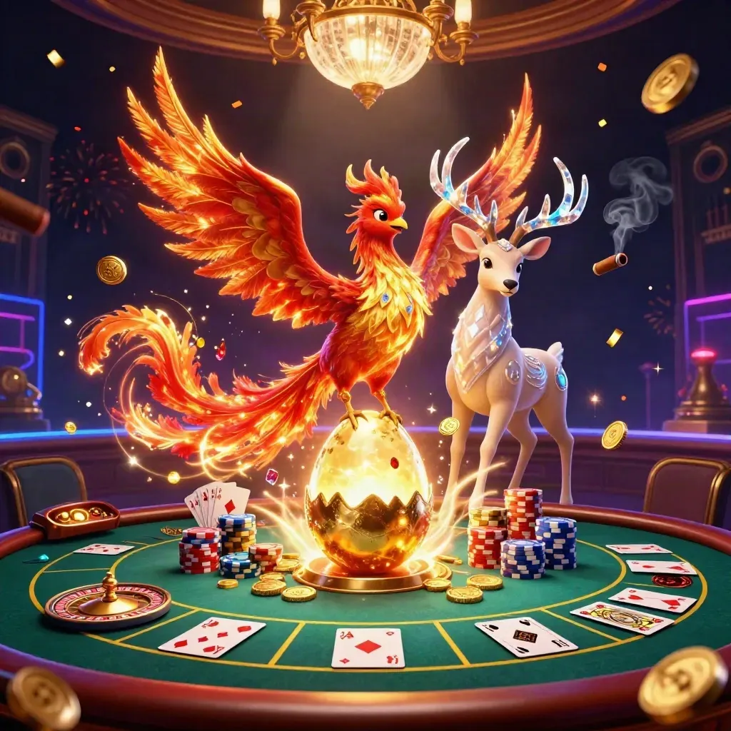 Phoenix emas, rusa kristal, dan bayi phoenix di kasino neon mewah.