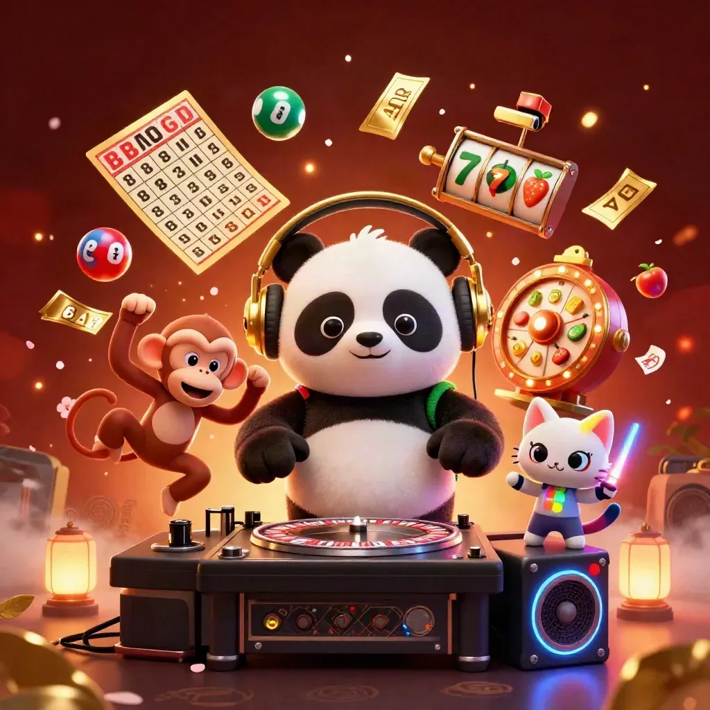 Panda DJ, monyet breakdance, dan anak kucing rave dikelilingi bola, tiket, dan cahaya emas.