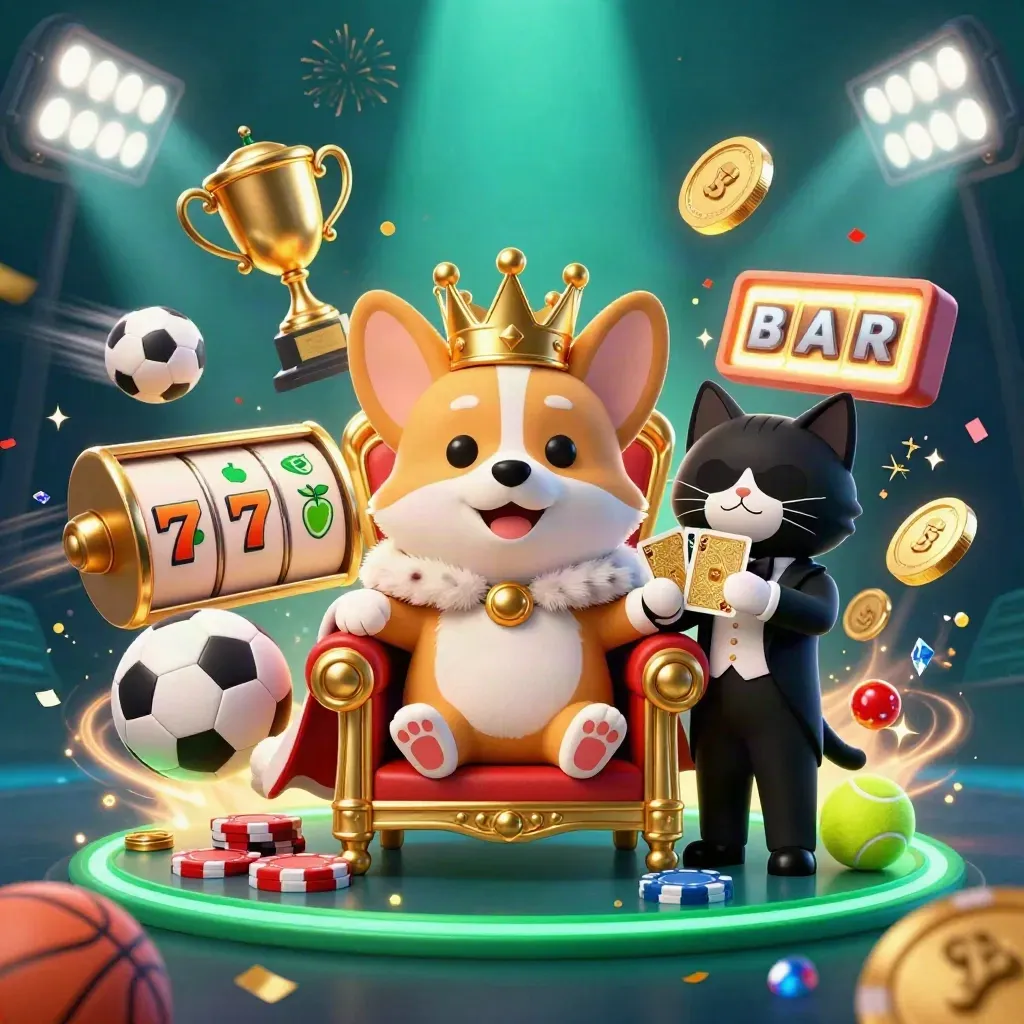 Corgi mahkota dan pelayan kucing di singgasana chip, bola, koin, dan efek neon meledak.