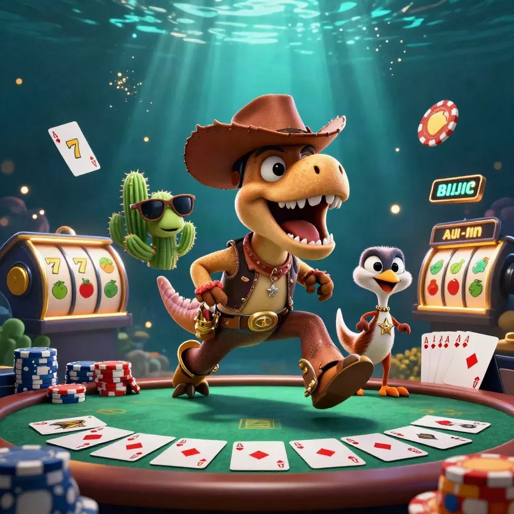 T-Rex koboi kartun, kaktus, dan roadrunner di meja poker, emas-hijau neon, efek kasino mewah.