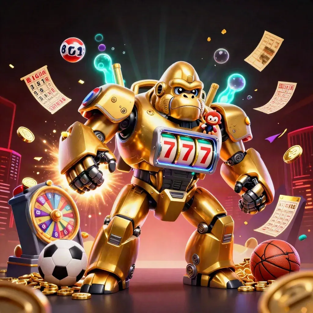 Gorila mech emas dengan pilot monyet, bola lotre, roda hadiah, dan koin emas meledak.