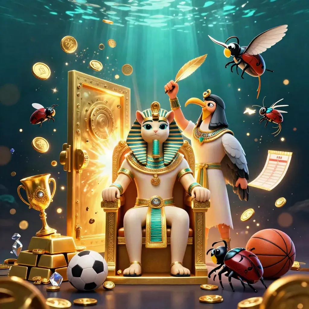 Pharaoh cat, ibis, dan scarab di tengah ledakan emas dan koin.