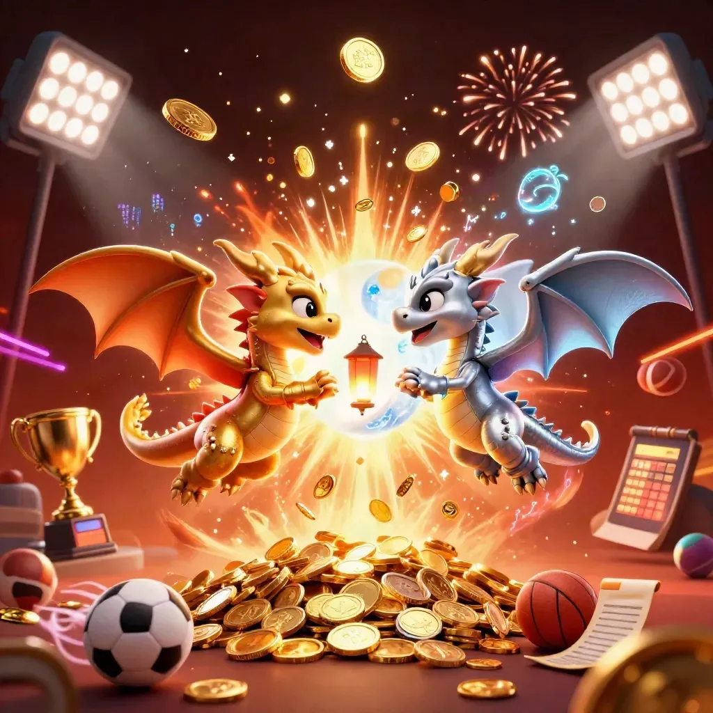 Dua naga emas dan perak dengan bola olahraga, koin, dan efek kasino mewah.