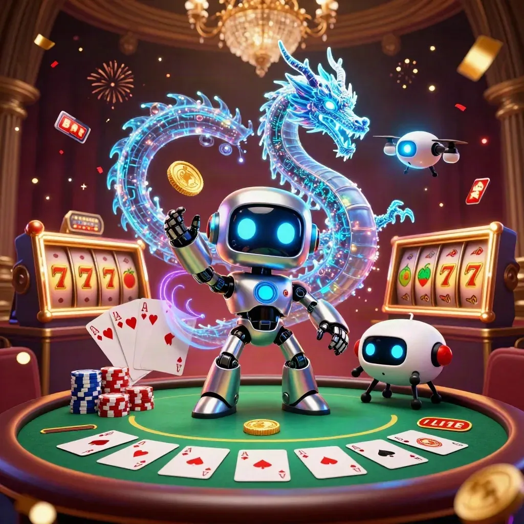 Robot cyberpunk, naga hologram, dan drone koin di meja poker emas mewah.