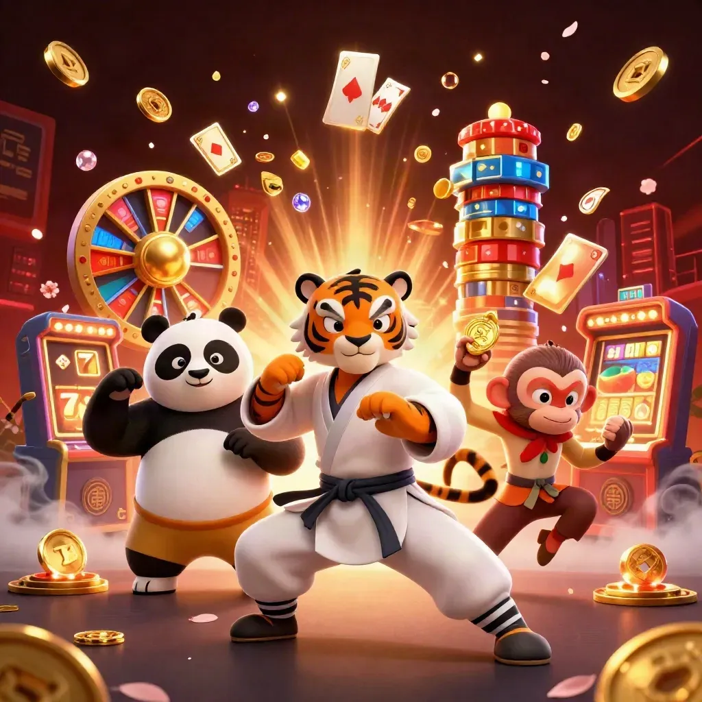 Tiga hewan kung-fu kartun di tengah ledakan koin, chip, dan kartu kasino emas.