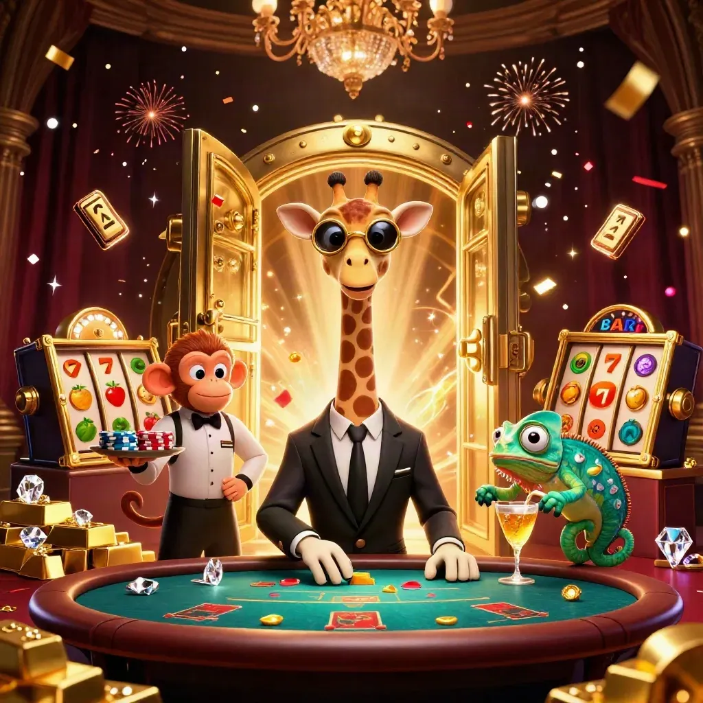 Jerapah high roller, monyet valet, dan bunglon bartender di meja poker emas.
