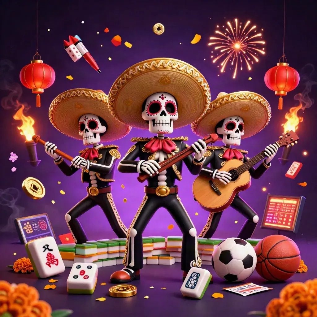 Tiga tengkorak mariachi, koin emas, lentera, dan efek neon di latar ungu gelap.