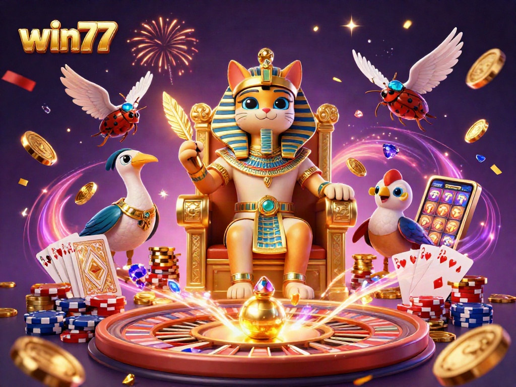 Memenangkan jackpot di win77 dengan kucing pharaoh dan harta keberuntungan.