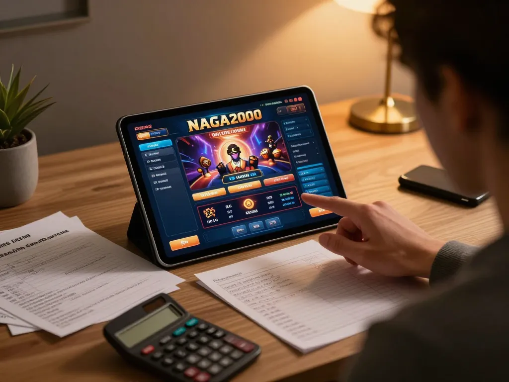 NAGA2000 player strategizing on tablet while managing bankroll in a comfortable gaming environment.