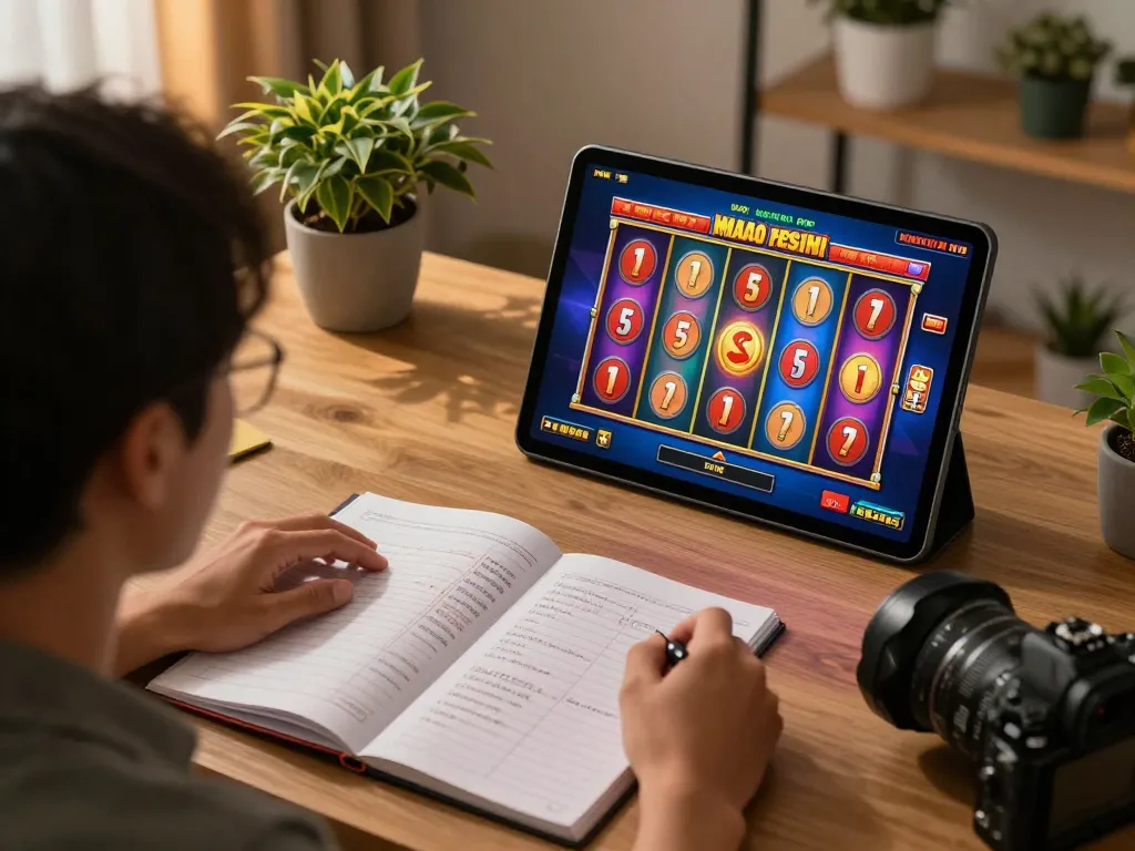Engaging in slot macau resmi with colorful reels spinning on tablet during a cozy home gaming session.