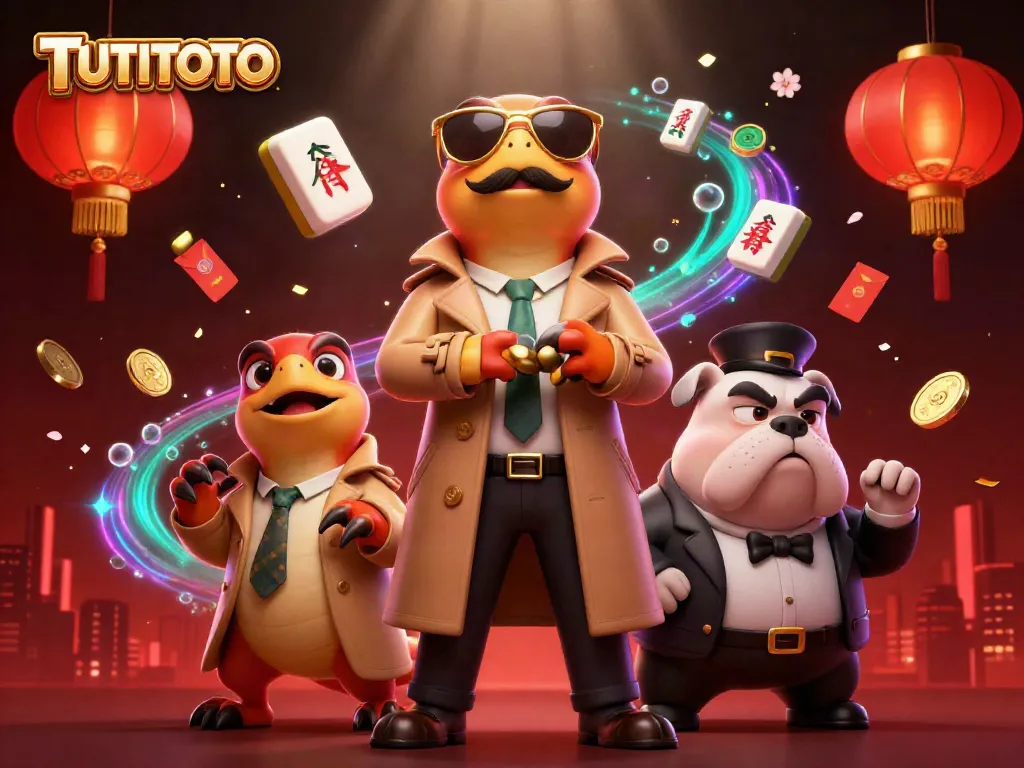 TUTITOTO showcases three raptors in a trench coat entering a casino, brimming with festive elements.