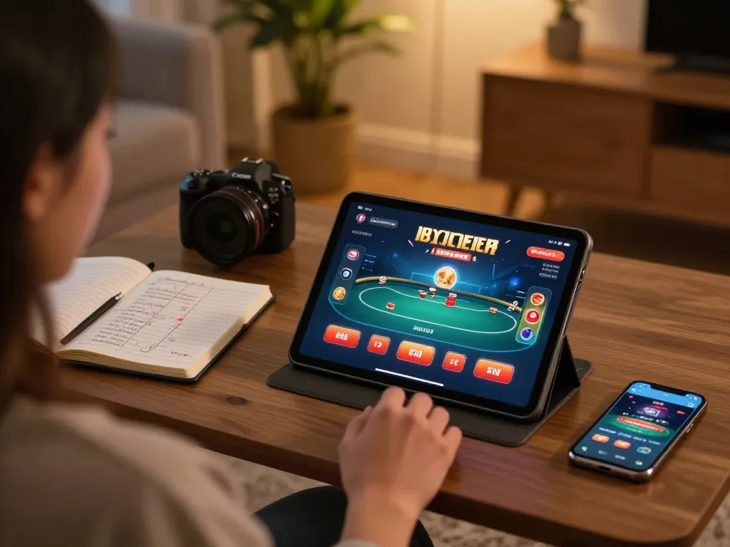 Terlibat dalam permainan kasino online di oracleappshub dengan tablet di pengaturan rumah yang nyaman.