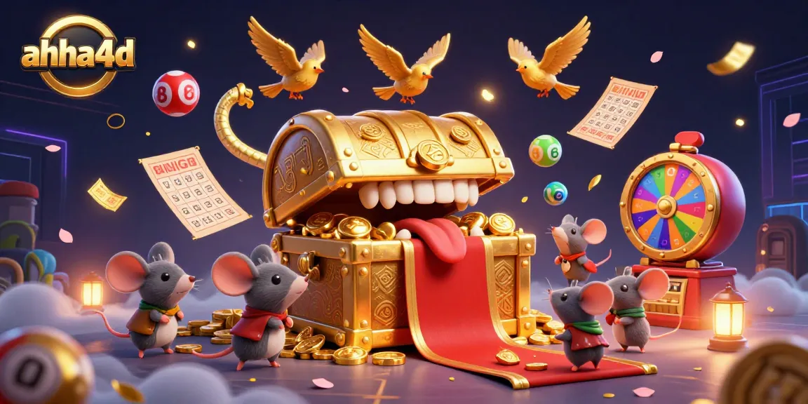 Win big with ahha4d in this vibrant illustration featuring golden treasures and thrilling lottery action.