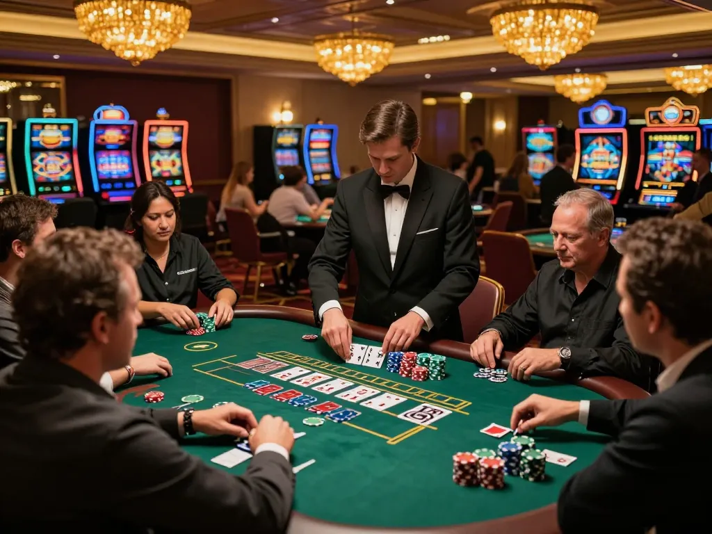 Engaged players at a blackjack table on 98win enhance their gaming strategy amid a vibrant casino atmosphere.