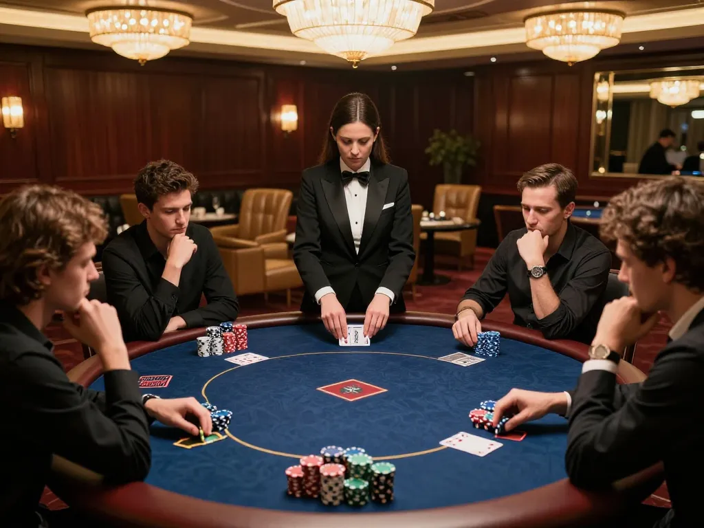 Pemain HOKI368 terlibat dalam permainan poker strategis di meja kasino mewah, menunjukkan fokus yang intens dan semangat kompetitif.