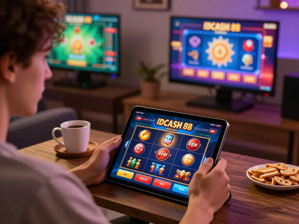 Engaging with IDCASH 88 mobile slots app in a cozy living room.