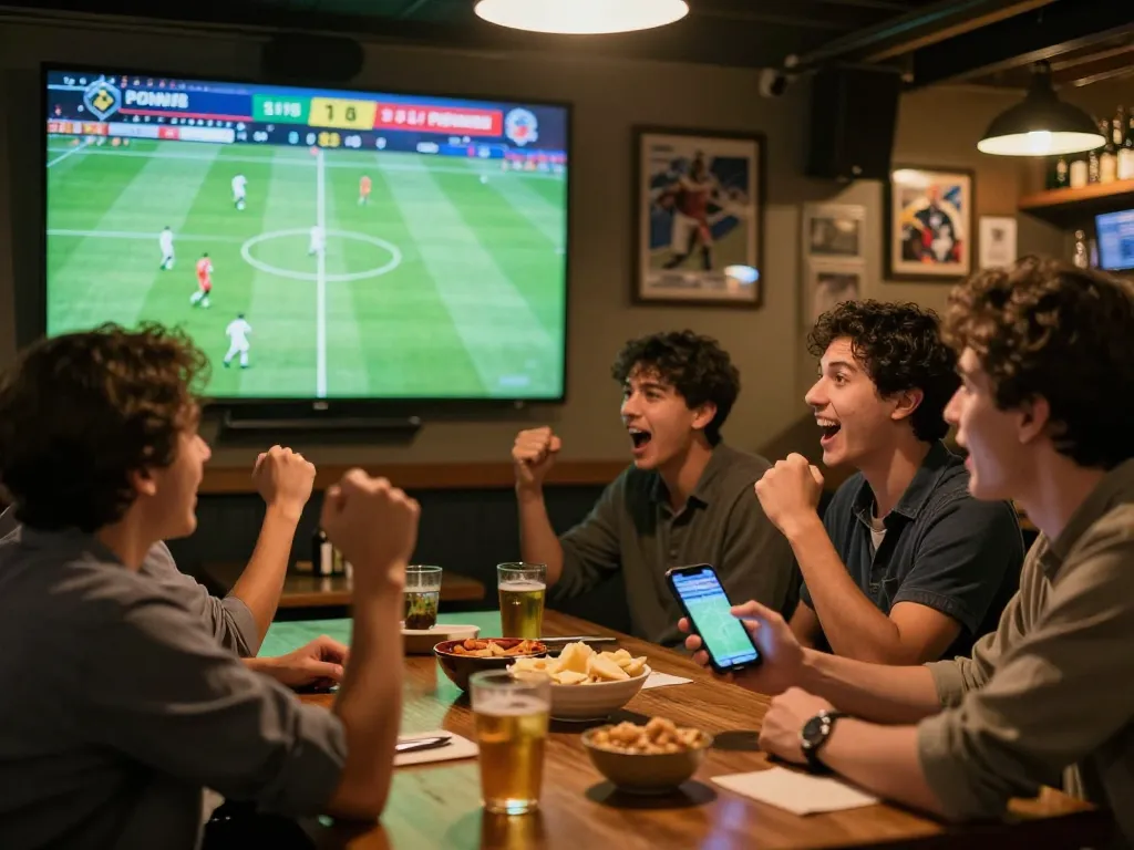 Friends using 789bet for live sports betting at a lively bar, capturing the excitement of the game