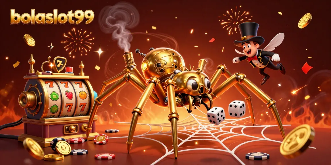 Bolaslot99 showcases vibrant 3D casino art featuring a steampunk spider and lucky slot reels.