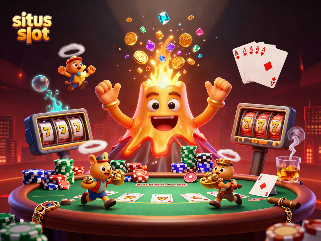 Experience thrilling wins at situs slot with a golden volcano erupting treasures and exciting slot game elements!
