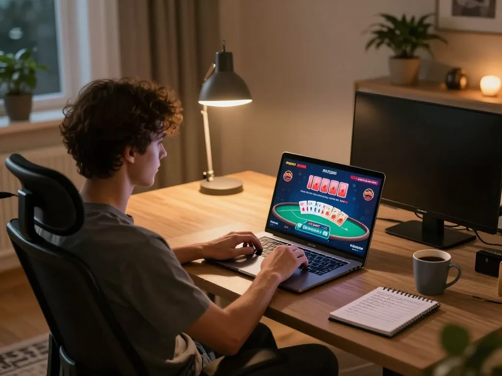 Engaging in online poker at 78win with laptop showing live table game, showcasing a strategic gaming setup