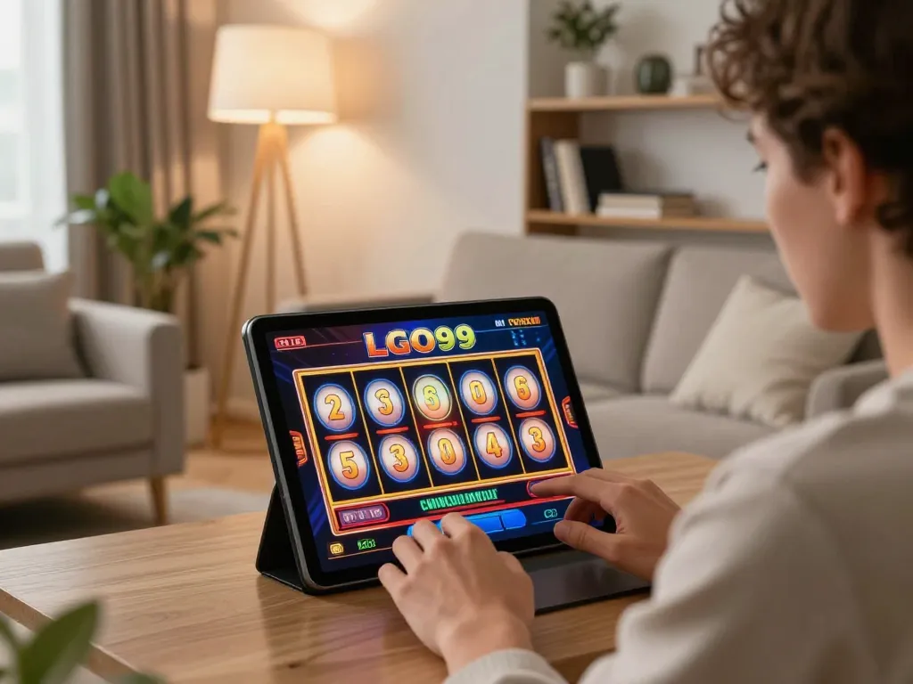 LGO99 player enjoying vibrant slot game experience on tablet in cozy home setting.