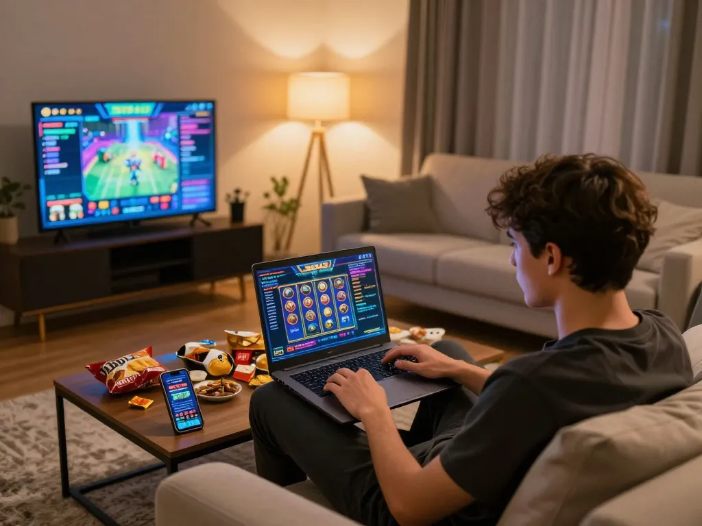 SIS4D player engaged in online slots, showcasing lively home gaming environment