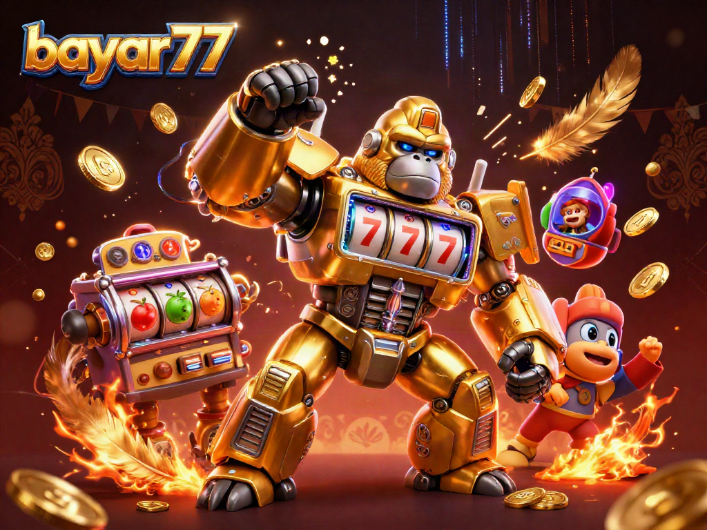 Bayar77 menampilkan gorila mekanik emas yang terbuat dari bagian mesin slot dan simbol triple seven dengan efek dramatis dalam ilustrasi.