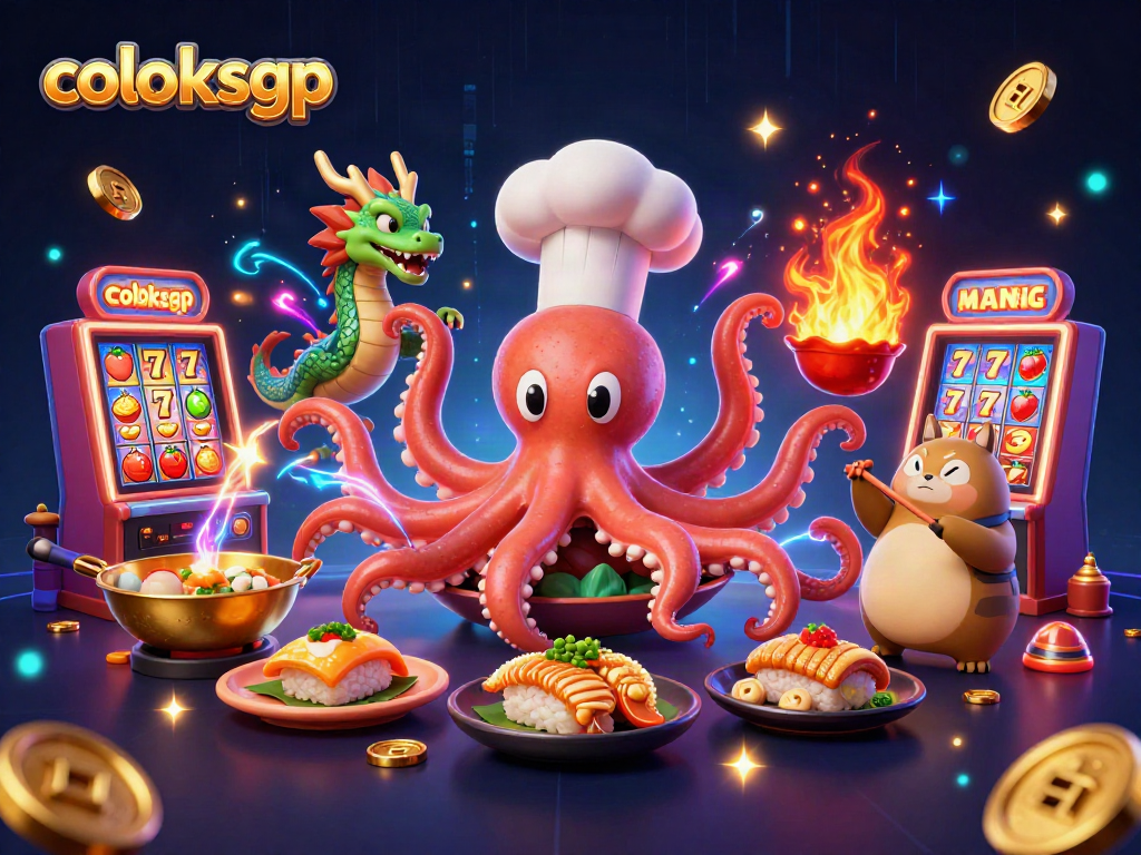 Karakter coloksgp menghadirkan suasana bermain slot dengan chef octopus, naga, dan tanuki yang penuh warna.