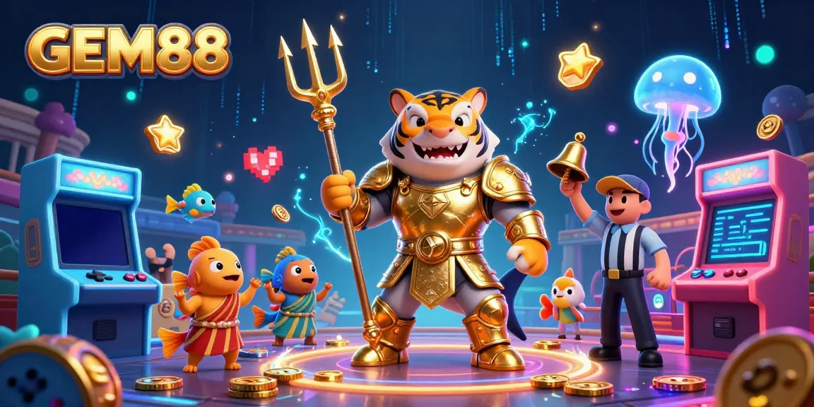 Engage in thrilling gameplay with GEM88 featuring a powerful tiger shark in gladiator armor amidst an underwater arcade.