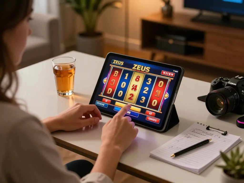 Engaged player spinning the reels on slot zeus in a virtual casino setup at home.