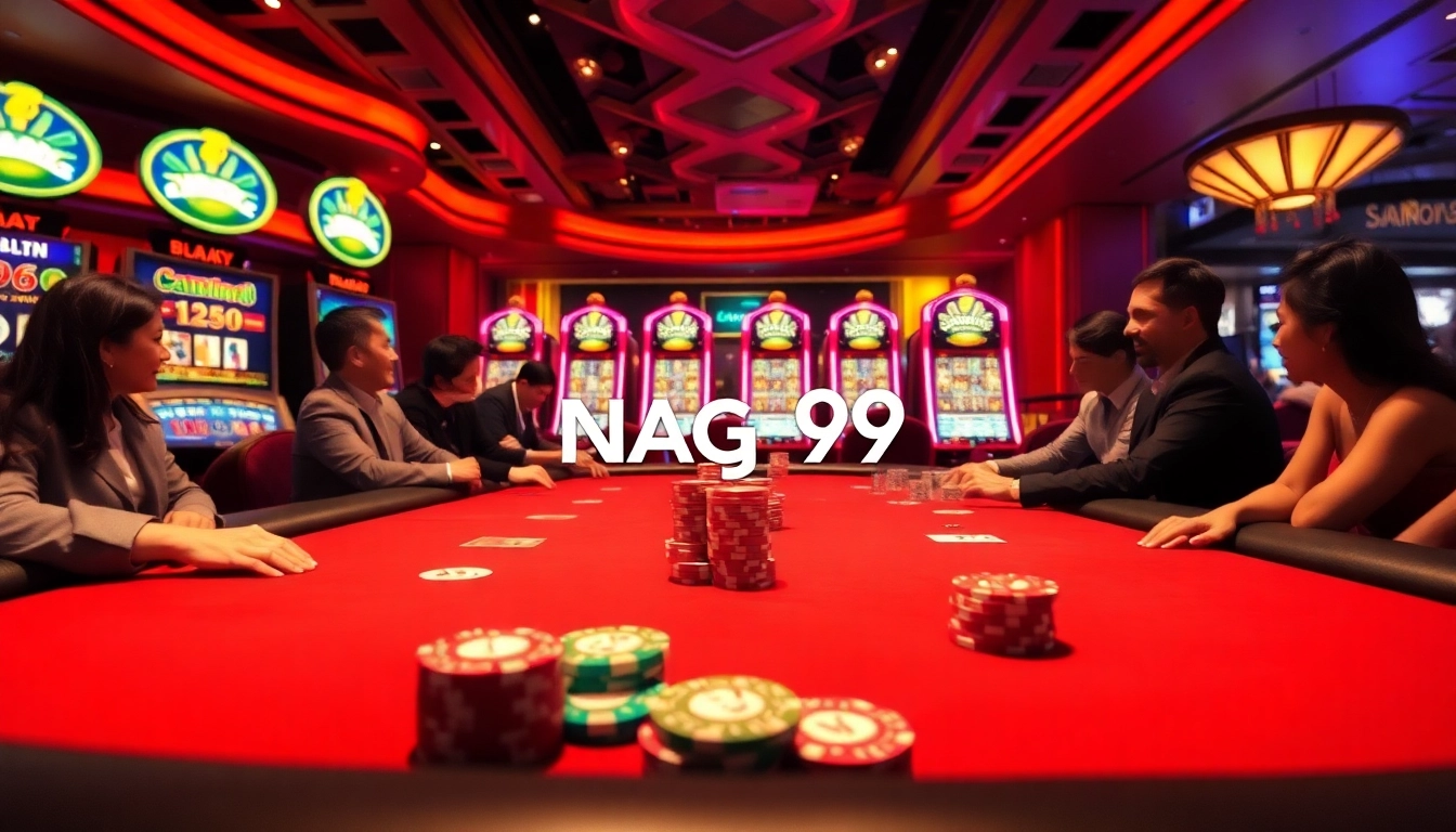 Naga99 players celebrating wins at a vibrant casino with colorful slot machines and poker tables