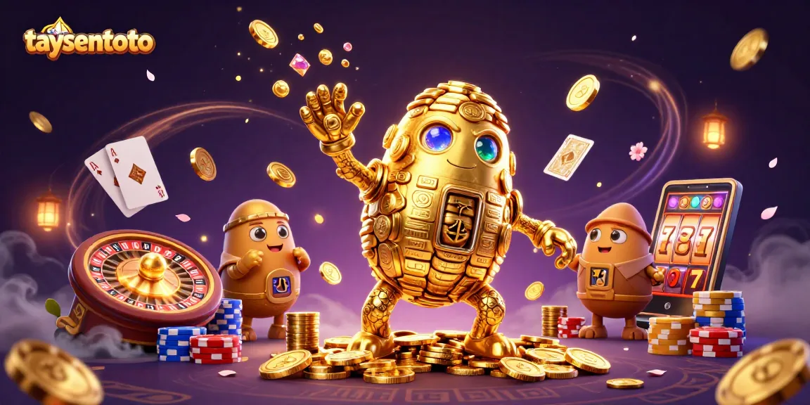 Bermain slot gacor di taysentoto dengan karakter golem emas yang berputar dan koin berkilauan.