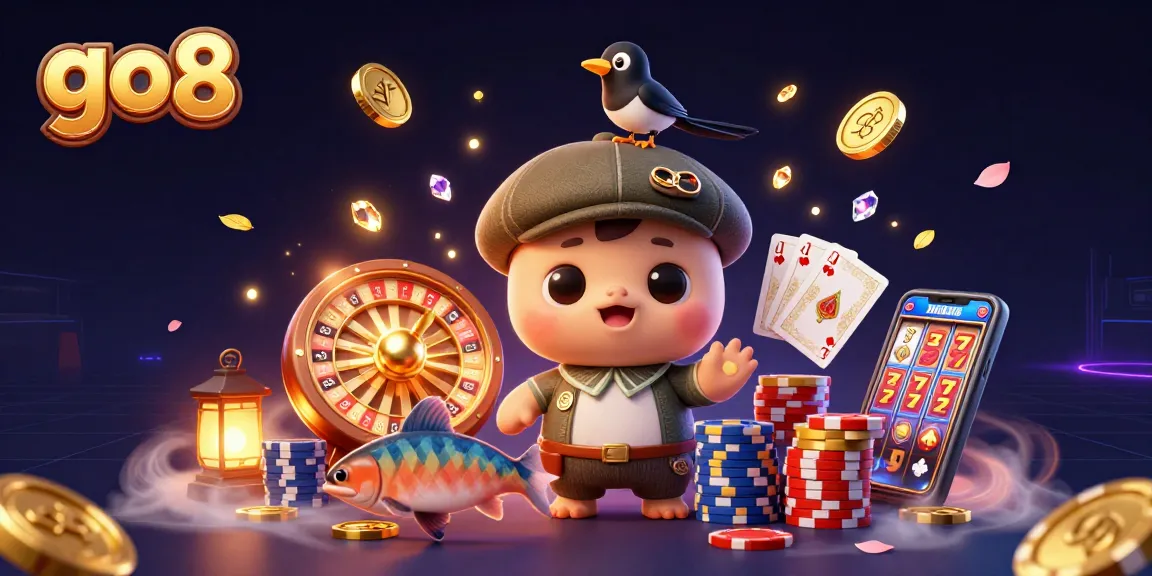 Winning at go8 casino features playful Nessie, gold coins, and vibrant gaming elements.