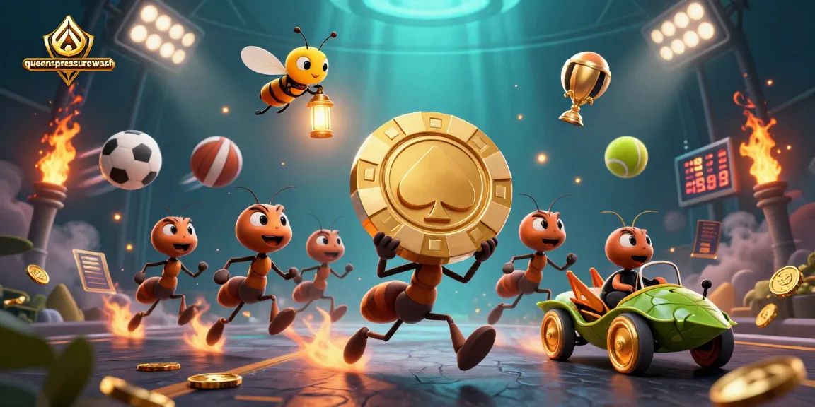 Experience dynamic action with queenspressurewash ants heisting a giant poker chip amidst gambling excitement.